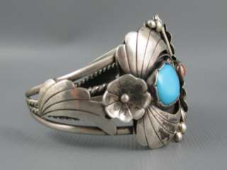 Old Navajo Ornate Foliate Four Flowers Sterling Turquoise Coral 