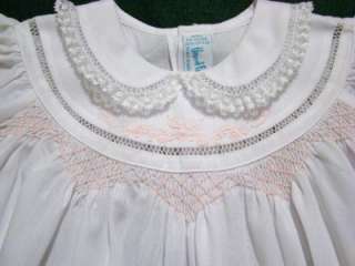 HAND~EMBROIDERED NEWBORN SMOCKED WHITE 2PC DRESS W/LACE TRIM~NWTS 