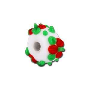   White with Red and Green Flowers Glass Beads   Large Hole Jewelry
