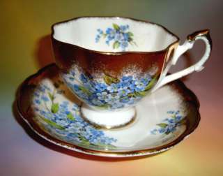Gold Queen Anne Forget Me Not Tea Cup and Saucer Set  