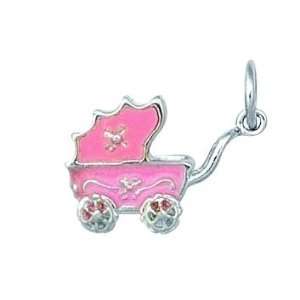  Sterling Silver PINK BABY CARRIAGE Charm: Jewelry