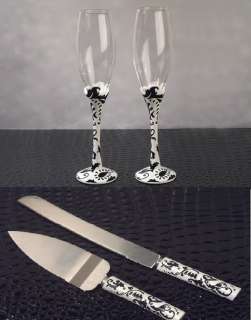 DAMASK BLACK/WHITE Wedding Guest Book Pen Kinfe Flute Toasting Glasses 