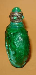   Perfume Glass Bottle GREEN Malachite Figures BRASS CAP W/ Rose  