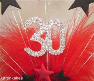 30th BIRTHDAY CAKE TOPPER RED & BLACK STARS WITH DIAMANTE NUMBER WITH 