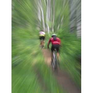 Zoom Effect of Mountain Bike Racers on Trail in Aspen Forest, Methow 