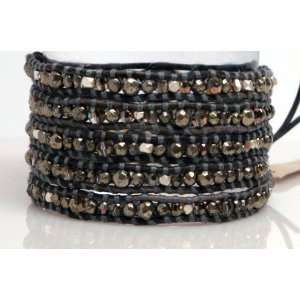 Chan Luu Pyrite Mix Swarovski Crystal Wrap Bracelet on Natural Grey 