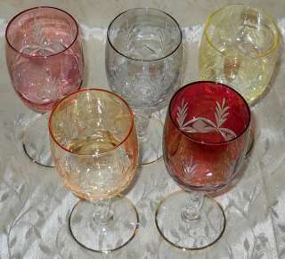 CZECH CRYSTAL CUT TO CLEAR HAND BLOWN APPLIED STEM WINE GOBLETS (5 