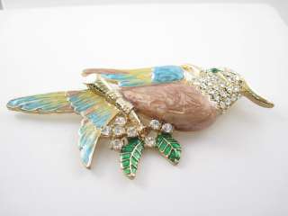 DESIGNER Gold Tone Enamel Crystal Bird Brooch Pin  