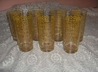 Vintage Fred Press Water Tumblers Glasses Gold Scroll  