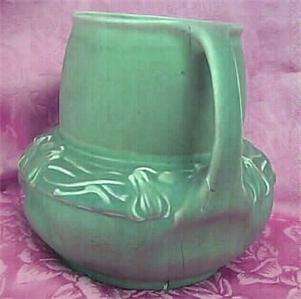   ARTS & CRAFTS Pinched Matt Green Pottery Vase Gourds and Vines  