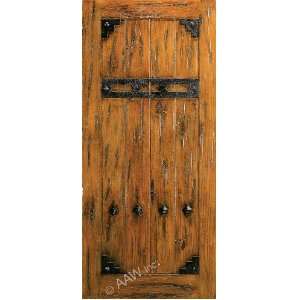   Knotty Alder V Groove Plank Panel Entry Door with Artistic Forged Iron