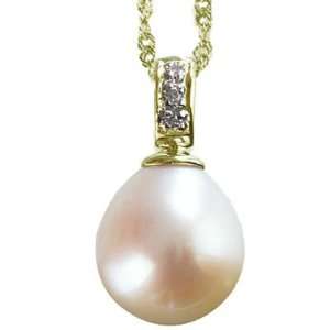 Natural White 9.5 10mm Dewdrop 14k Yellow Gold Diamond Cultured Pearl 