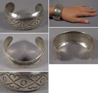 TRACY STAMPED NAVAJO STERLING SILVER WIDE CUFF BRACELET  