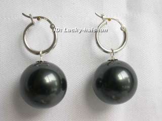 AAA Dangle 20mm Tahitian Black round sea shell pearls earring 925sc