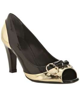 Gucci black and gold leather bamboo peep toe pumps   