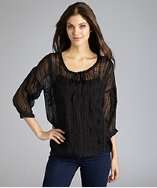 Isabel Lu black embroidered silk three quarter sleeve v neck blouse 