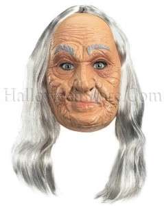 Old Lady Wrinkled Face Head Latex Mask with Gray Hair  