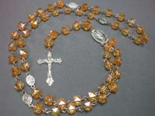 Rosary Necklace   ORANGE Faceted Cube Beads Silver Tone Crucifix 