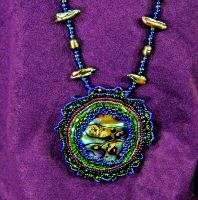 Bead Embroidered Abalone Pendant Pearl Necklace LOVELY!  