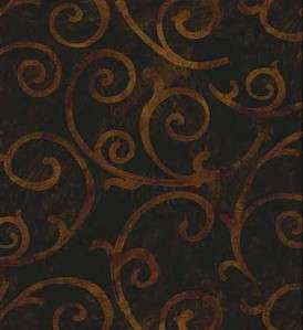 Wallpaper Designer Modern Black Copper Gold Scroll  