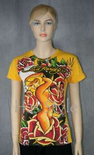 ED Hardy T Shirt ROSEY Pin Up Girl GOLD ROSES Large NWT  