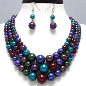 Chunky Layered Multi Color Faux Pearls Beads Statement Necklace and 