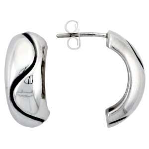 Sterling Silver Half Hoop Post Earrings, w/ Swirl Design, 3/4 (19mm 