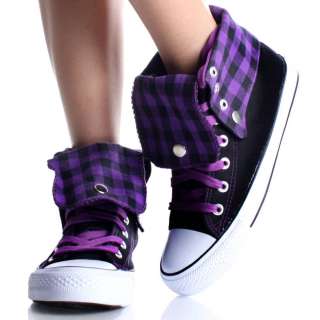 Womens High Top Sneakers Canvas Skate Shoes Purple Plaid Lace Up Boots 