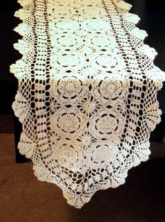 Hand Crocheted Table Runner 16x36 Oval White, Beige  
