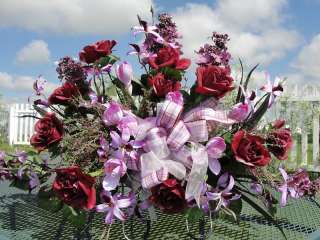 Cemetery Flowers Grave Lavender Crocus Hydrangea Silk Burgundy Roses w 