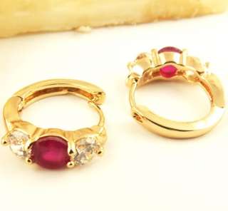   Ruby&White Gems 14k Real Rose Gold Filled Hoop Earrings M038#  