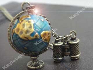 Vintage Globe Telescope Pendant Necklace Minature Earth Long Chain 